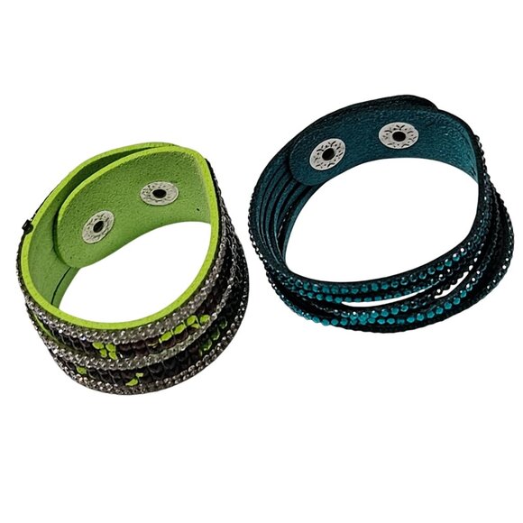 Retro Rhinestone Embellished Faux Leather Wrap Bracelets Set of 2 Jewelry Women - Picture 1 of 5